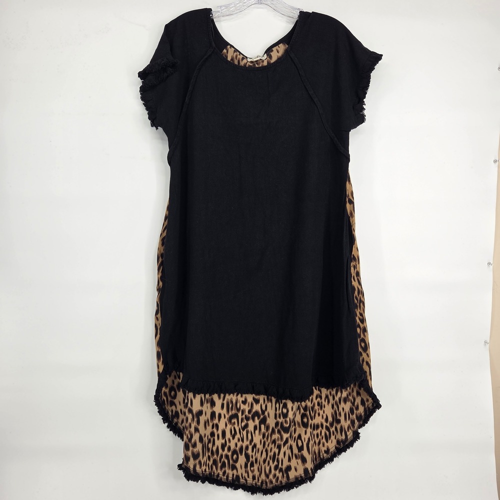 Umgee Dress S Black Leopard High Low Linen Blend Frayed Boho Eclectic C2320